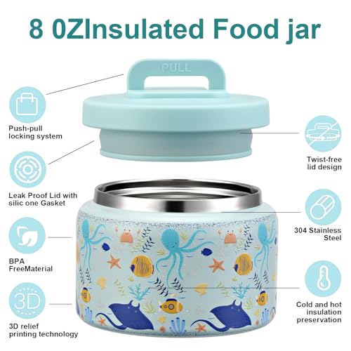 JXXM 8 Oz Thermo Food Jar for Hot & Cold Food for Kids, Insulated Lunch Containers Hot Food Jar,Leak-Proof Vacuum Stainless Steel Wide Mouth Lunch Soup Thermo for School (Blue-Octopus) - Image 4