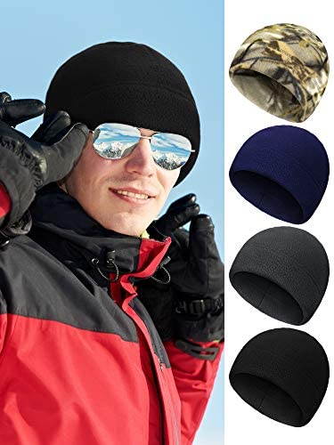 SATINIOR 4 Pieces Skull Caps for Men Women Fleece Winter Hat Warm Soft Polar Beanie Hat Thick Windproof(Black, Camouflage, Navy Blue, Grey, Large) - Image 2