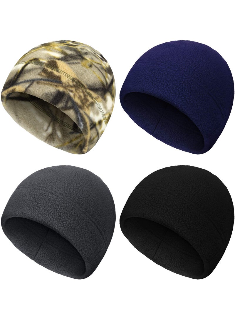 SATINIOR 4 Pieces Skull Caps for Men Women Fleece Winter Hat Warm Soft Polar Beanie Hat Thick Windproof(Black, Camouflage, Navy Blue, Grey, Large) - Image 1
