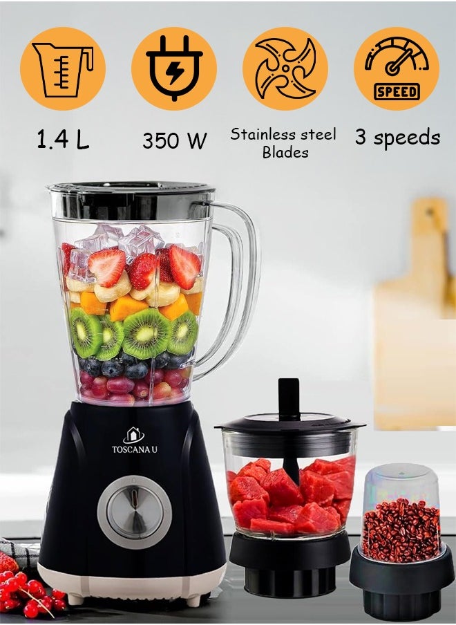 TOSCANA U - 3-in-1 electric blender, 350 watts, 1.4 liter capacity, and stainless steel cutting blades   Equipped with 3 speeds, pulse function, safety lock, meat grinder attachment, coffee grinder and spice grinder. - Image 1