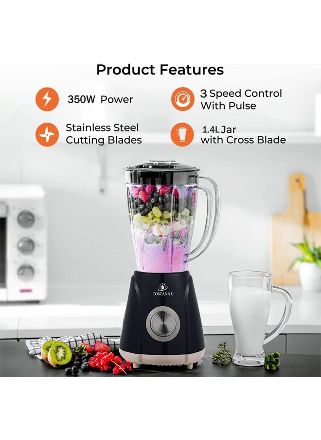 TOSCANA U - 3-in-1 electric blender, 350 watts, 1.4 liter capacity, and stainless steel cutting blades   Equipped with 3 speeds, pulse function, safety lock, meat grinder attachment, coffee grinder and spice grinder. - Image 1