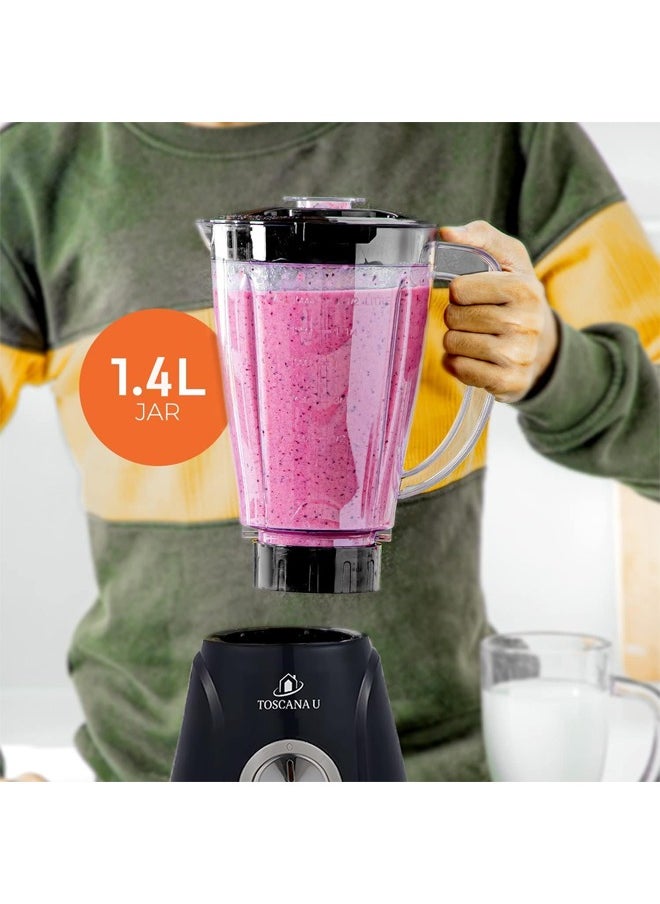 TOSCANA U - 3-in-1 electric blender, 350 watts, 1.4 liter capacity, and stainless steel cutting blades   Equipped with 3 speeds, pulse function, safety lock, meat grinder attachment, coffee grinder and spice grinder. - Image 1
