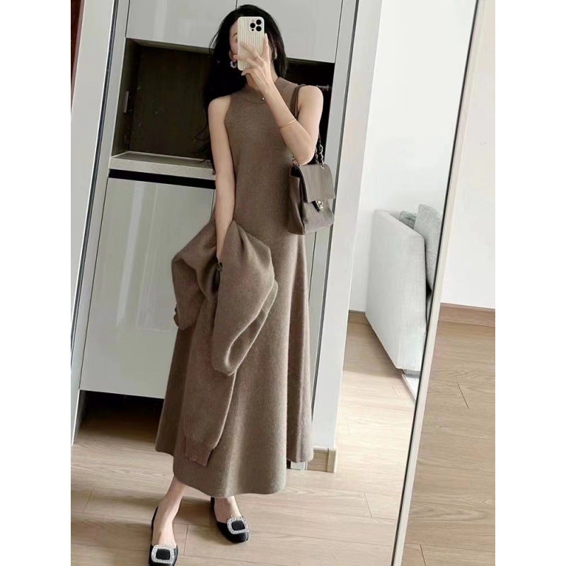 Chic V-Neck Sweater Knit Dress Set Autumn 2024 Coffee