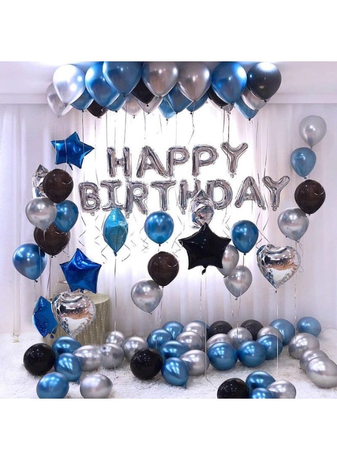 Happy Birthday Letter Foil Balloon Set (Silver) with Pack of 30 HD Metallic Balloons in Blue, Black, and Silver | Happy Birthday Balloon Banner | Birthday Decoration
