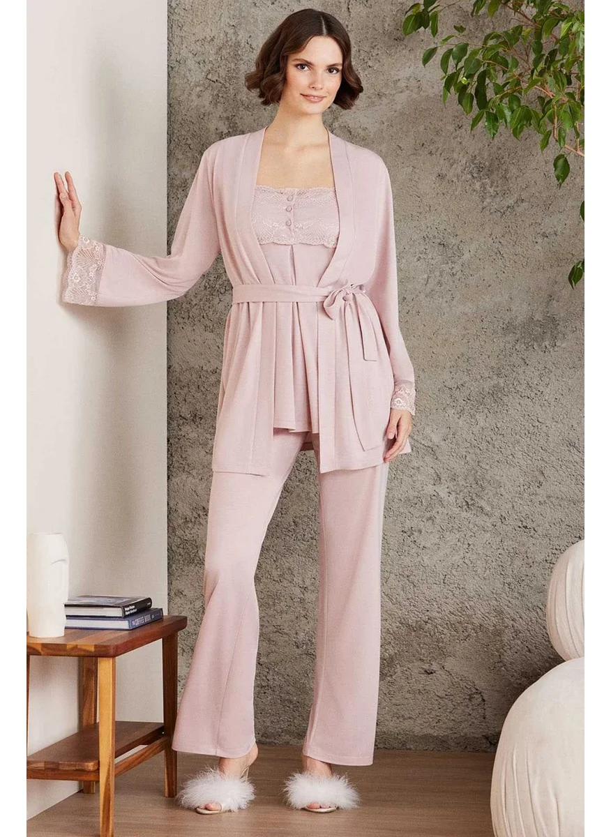 بيير كاردان 2805 Maternity Pajama Set with Dressing Gown - Powder