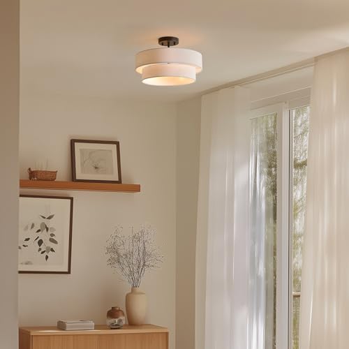 Globe Electric 66000138 2-Light Semi-Flush Mount Ceiling Light, Matte Black, 2-Tier, White Linen Shade, Home Improvement, Dining Room, Kitchen - Image 2