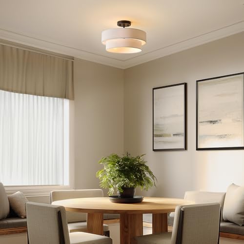 Globe Electric 66000138 2-Light Semi-Flush Mount Ceiling Light, Matte Black, 2-Tier, White Linen Shade, Home Improvement, Dining Room, Kitchen - Image 3