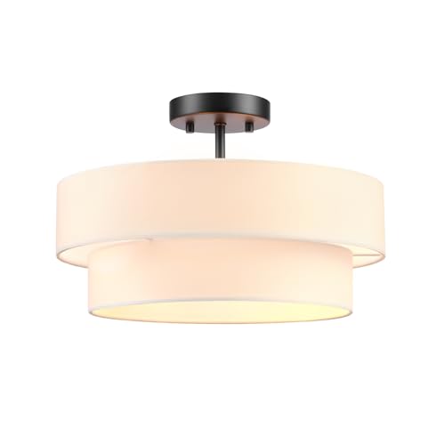Globe Electric 66000138 2-Light Semi-Flush Mount Ceiling Light, Matte Black, 2-Tier, White Linen Shade, Home Improvement, Dining Room, Kitchen - Image 1