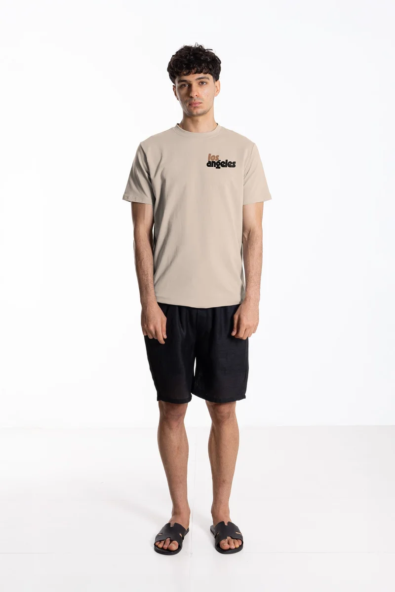 Shapes BEIGE COTTON BLEND PRINTED SLIM T-SHIRT for Men | Best Price UAE