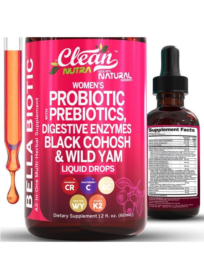 Clean Nutraceuticals Liquid Probiotics for Women Drops with Chasteberry, Black Cohosh, Prebiotics, Digestive Enzymes, Evening Primrose Oil, Wild Yam, Cranberry Dmannose and Iron Vitamin D3 K2 Clean Nutra Bella Biotics  - Image 1