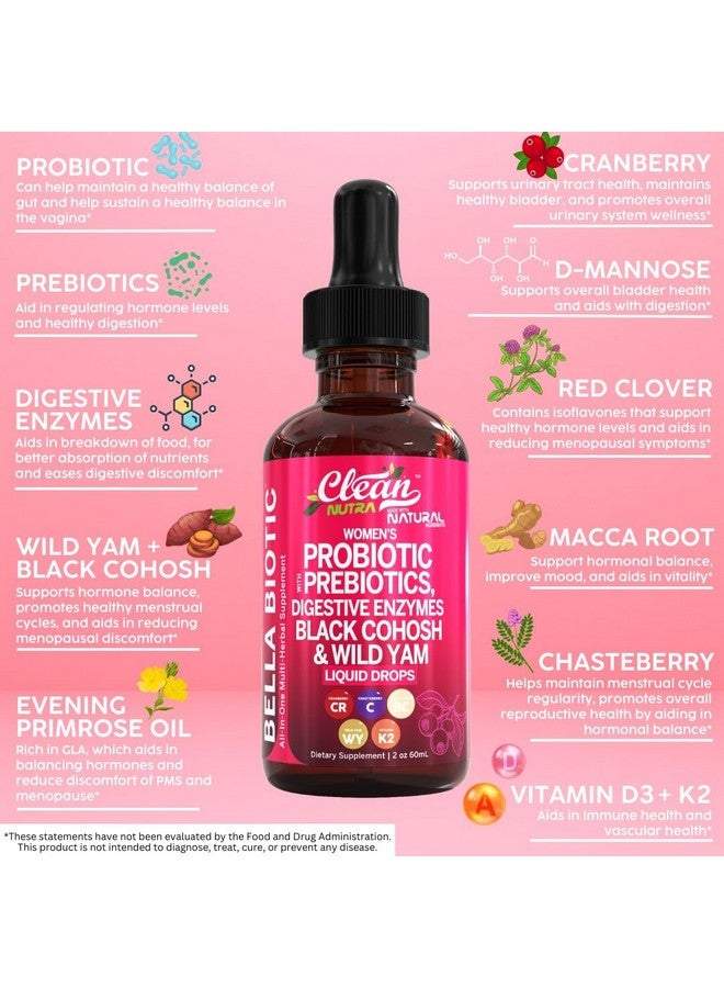 Clean Nutraceuticals Liquid Probiotics for Women Drops with Chasteberry, Black Cohosh, Prebiotics, Digestive Enzymes, Evening Primrose Oil, Wild Yam, Cranberry Dmannose and Iron Vitamin D3 K2 Clean Nutra Bella Biotics  - Image 2