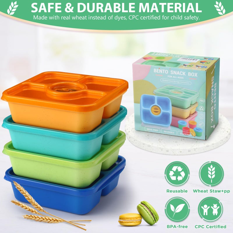 QQKO Bento Snack Box Containers for Adults Kids, 4 Pack Lunchable Meal Prep Containers Reusable, Stackable Bento Lunch Box, Food Storage Prep Containers with Lids and 4 Sauce Cups, Jewel Color - Image 3