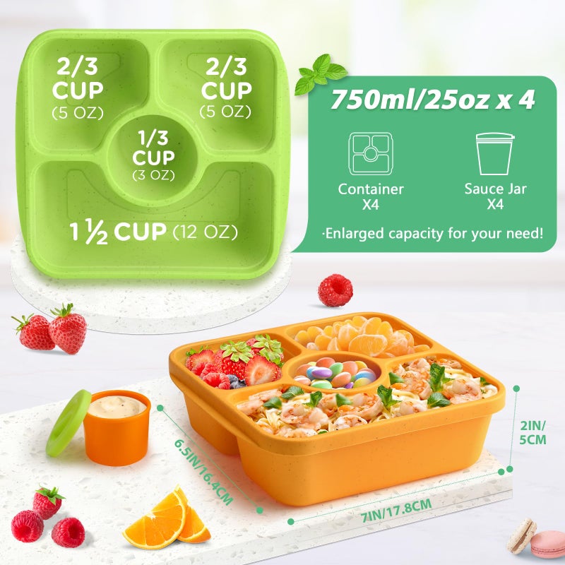 QQKO Bento Snack Box Containers for Adults Kids, 4 Pack Lunchable Meal Prep Containers Reusable, Stackable Bento Lunch Box, Food Storage Prep Containers with Lids and 4 Sauce Cups, Jewel Color - Image 2