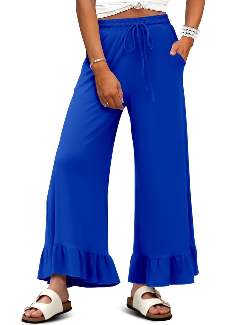 KISSMODA Womens High Waisted Palazzo Pants Wide Leg Work Teacher Pants Stretchy Trousers Beach with Pockets Royal Blue L - Image 1
