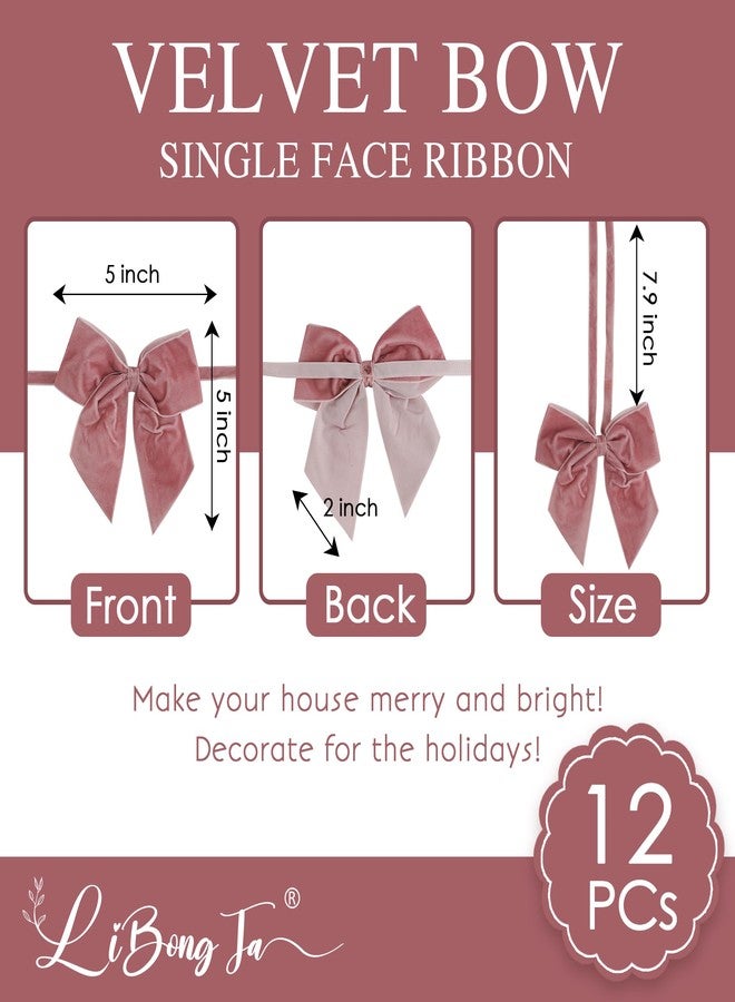LiBongTa 12 PCs Dusty Rose Velvet Ribbon Bow 5'' Pre Tied Bows, Pink Valentines Day Bows for Tree, Party Favor, Gift Wrapping, Premade Vintage Velvet Bow for Wreaths, Bouquets, Treat Bag - Image 2