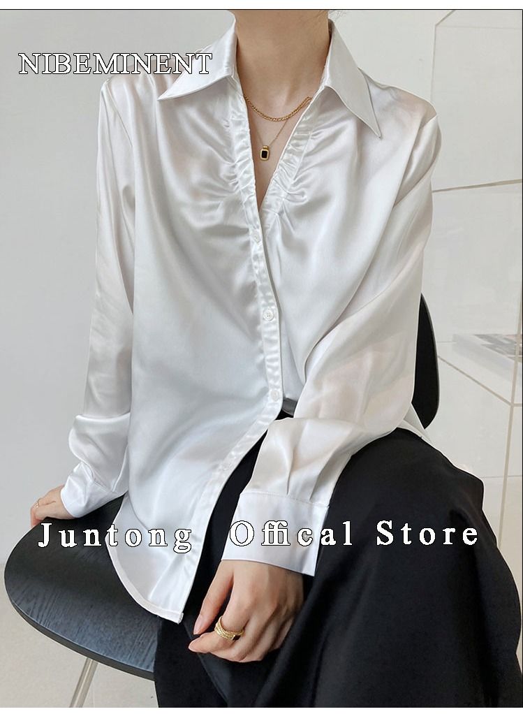 NIBEMINENT Women's shirt French Style Lazy  Loose Long Sleeve Satin Shirt Women's V-Neck Long Sleeved Top  - Image 2