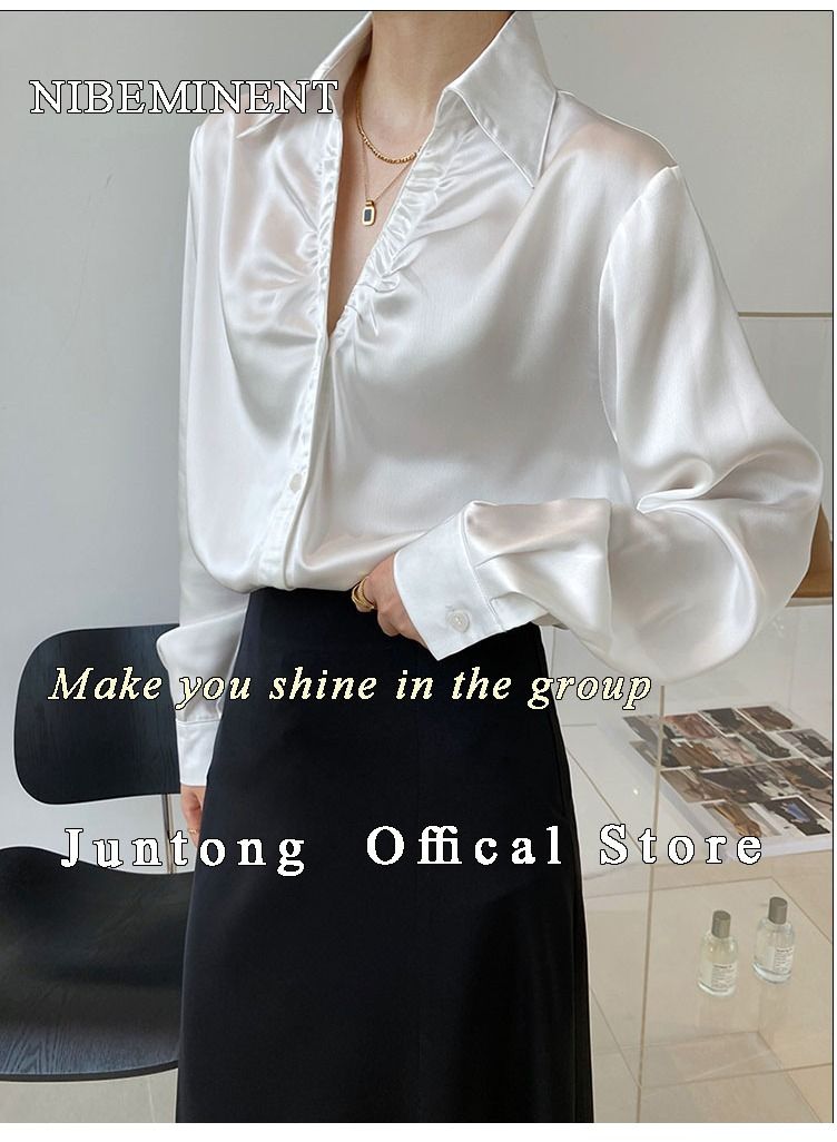 NIBEMINENT Women's shirt French Style Lazy  Loose Long Sleeve Satin Shirt Women's V-Neck Long Sleeved Top  - Image 5