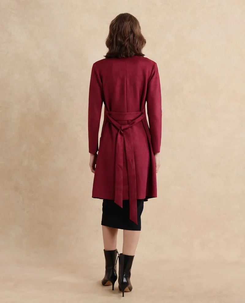 Rareism Rareism Women Palmer 2 Maroon Suede Full Sleeve Waterfall Neck Boxy Fit Midi Plain Jacket