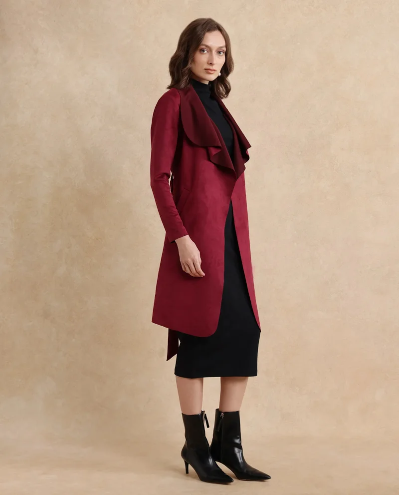Rareism Rareism Women Palmer 2 Maroon Suede Full Sleeve Waterfall Neck Boxy Fit Midi Plain Jacket