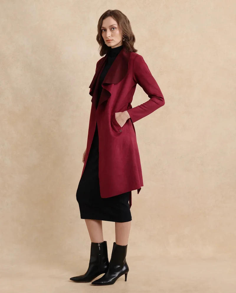 Rareism Rareism Women Palmer 2 Maroon Suede Full Sleeve Waterfall Neck Boxy Fit Midi Plain Jacket