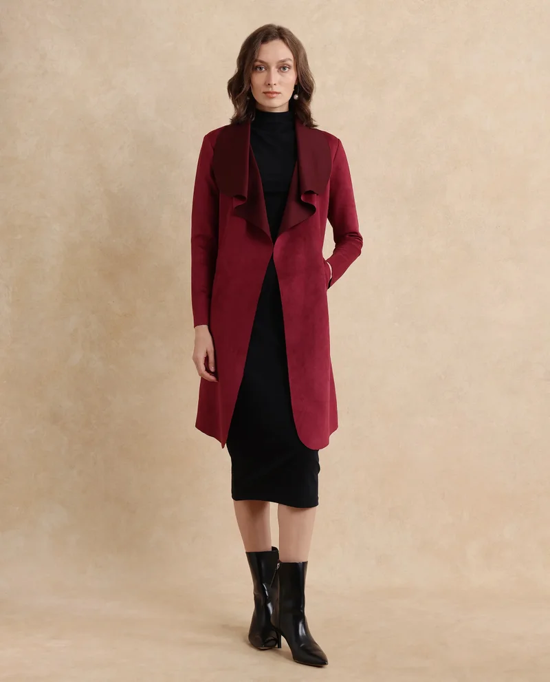 Rareism Rareism Women Palmer 2 Maroon Suede Full Sleeve Waterfall Neck Boxy Fit Midi Plain Jacket