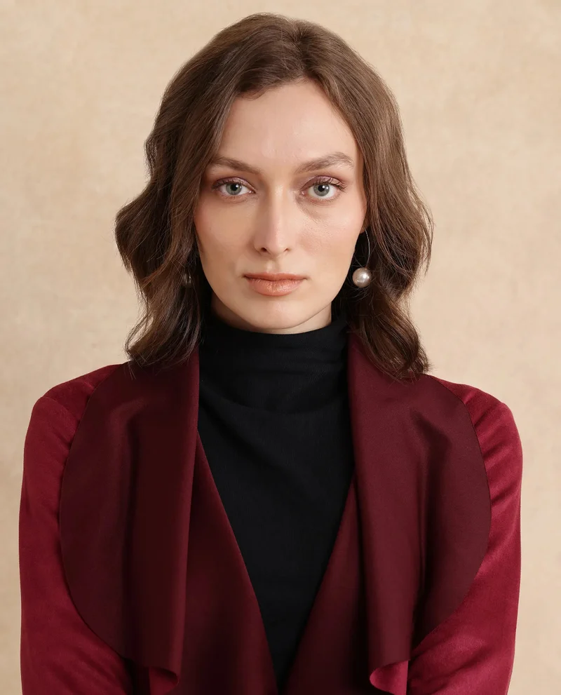 Rareism Rareism Women Palmer 2 Maroon Suede Full Sleeve Waterfall Neck Boxy Fit Midi Plain Jacket