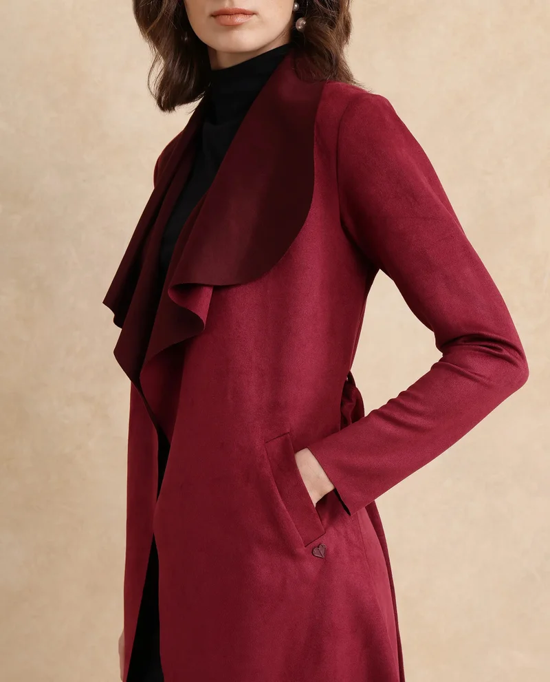 Rareism Rareism Women Palmer 2 Maroon Suede Full Sleeve Waterfall Neck Boxy Fit Midi Plain Jacket