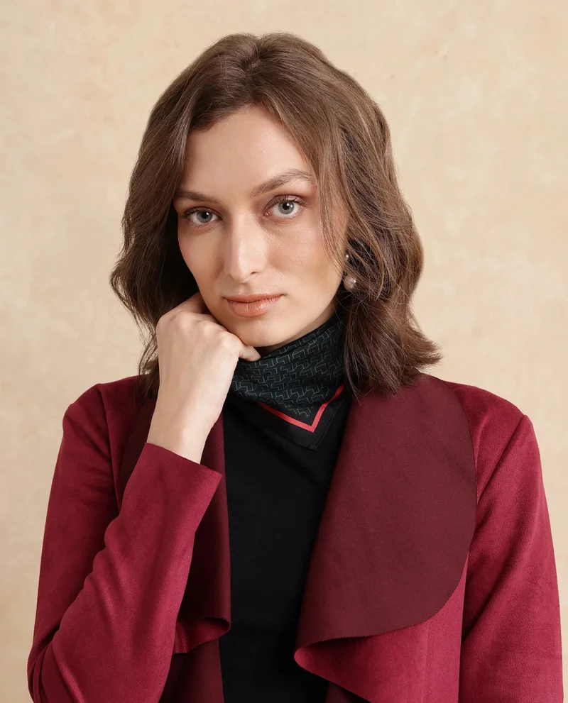 Rareism Rareism Women Palmer 2 Maroon Suede Full Sleeve Waterfall Neck Boxy Fit Midi Plain Jacket