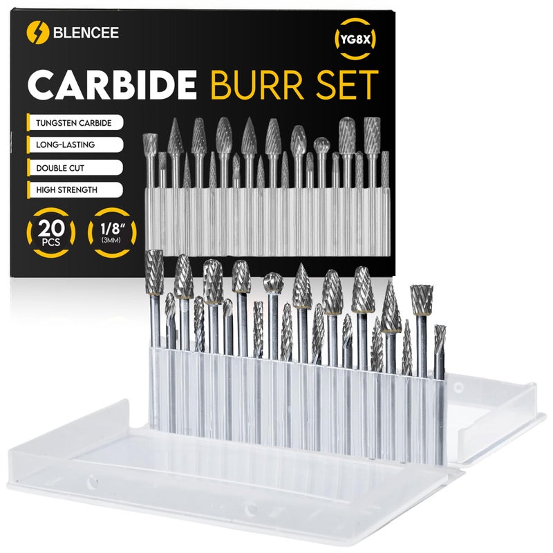 BLENCEE 20Pcs Carbide Burr Set - 1/8" Shank Tungsten Die Grinder Bits, Double Cut - Compatible with Dremel & Milwaukee - Cutting, Engraving, Deburring - Rasp Accessories - Metal, Steel, Aluminum - Image 1
