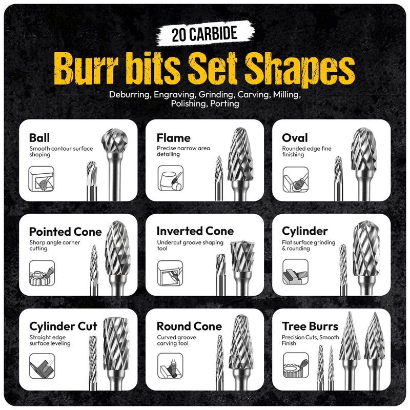 BLENCEE 20Pcs Carbide Burr Set - 1/8" Shank Tungsten Die Grinder Bits, Double Cut - Compatible with Dremel & Milwaukee - Cutting, Engraving, Deburring - Rasp Accessories - Metal, Steel, Aluminum - Image 3