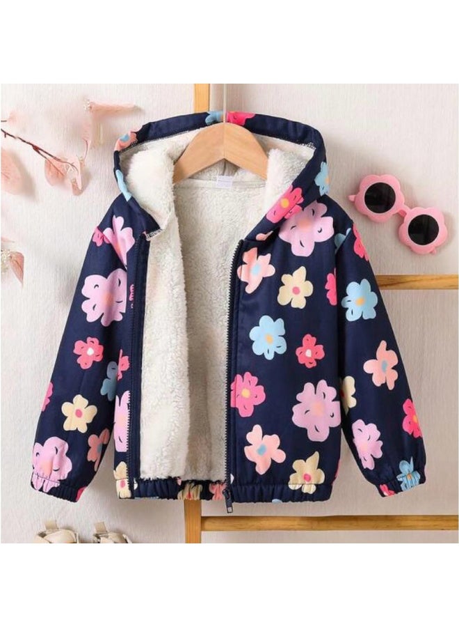 جاكيت بناتي مبطن فرو ناعم – تصميم زهري لطيف بخامة دافئة ومريحة مع غطاء رأس – مثالي لأيام البرد - تلبيض ضيق - Image 1