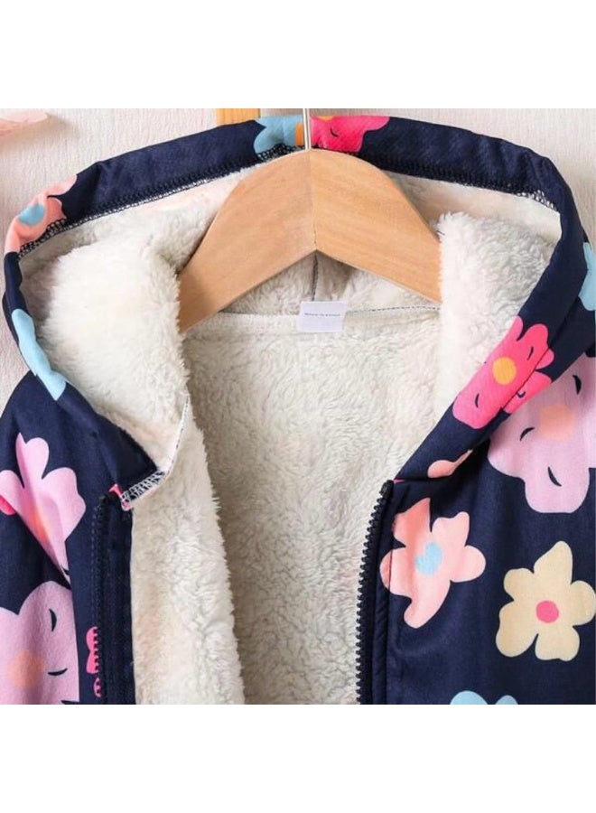 جاكيت بناتي مبطن فرو ناعم – تصميم زهري لطيف بخامة دافئة ومريحة مع غطاء رأس – مثالي لأيام البرد - تلبيض ضيق - Image 3