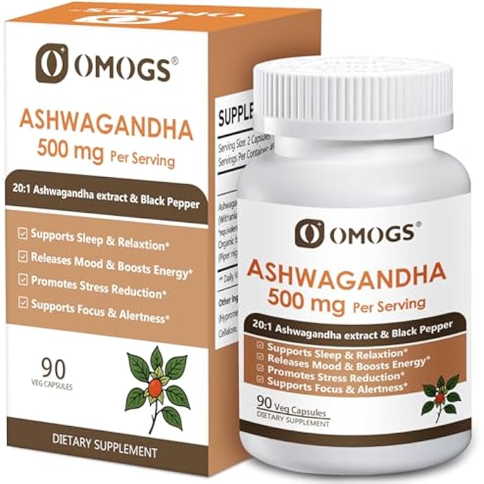 OMOGS Organic Ashwagandha, Pure Herb Extract, Added Black Pepper, High Absorption, for Boosts Energy, Sleep, Focus, Stress Relief.& Immune Support, Non-GMO, 90 Vegetable Capsules - Image 1