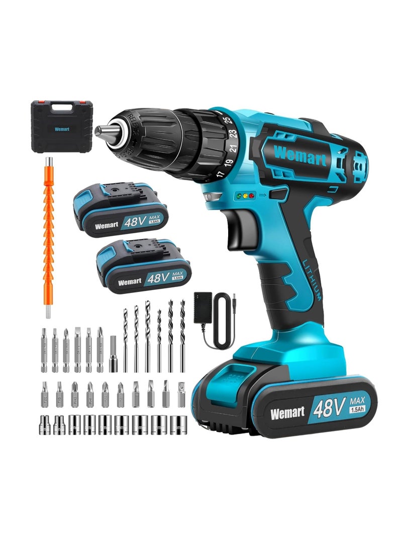 Generic Cordless Drill Set, 48V Electric Drill with Drill/Screwdriver Bits, 2 Variable Speeds, 25+1 Torque Setting Battery Power Drilling Driver for Plastic, Wood, Metal, Screws (blue)  - Image 1