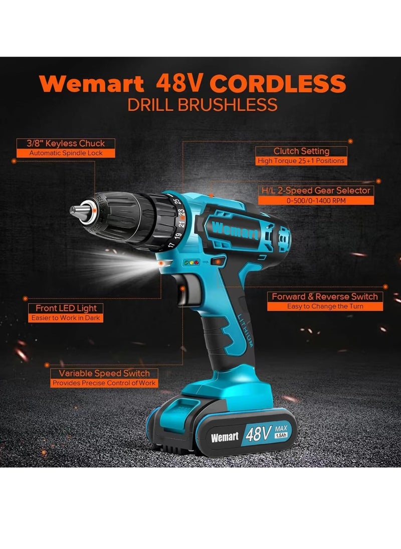 Generic Cordless Drill Set, 48V Electric Drill with Drill/Screwdriver Bits, 2 Variable Speeds, 25+1 Torque Setting Battery Power Drilling Driver for Plastic, Wood, Metal, Screws (blue)  - Image 5