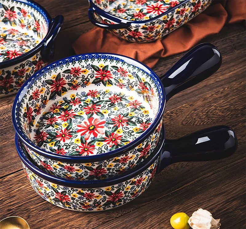 Bicuzat طبق خزفي سيراميكي على الطراز القديم بزهرة الأقحوان الحمراء، صينية خبز، صينية لازانيا بمقابض للفرن/الطهي/المطبخ - قطعة واحدة - 20 أونصة - Image 4