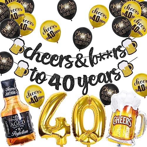 Joymee Happy 40th Birthday Decorations Black Gold Cheers and beers to 40 Years Banner 40th Gold Foil Birthday Balloon Cheers Cup Foil Balloon Party Supplies Kit for Men Women - Image 1