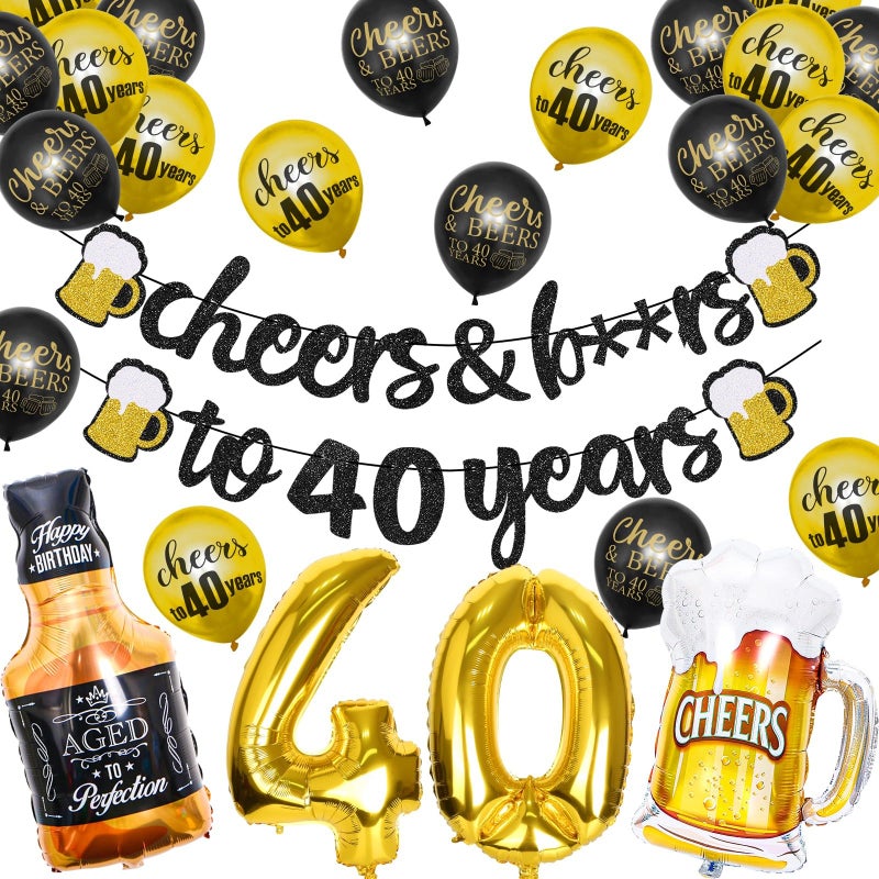 Joymee Happy 40th Birthday Decorations Black Gold Cheers and beers to 40 Years Banner 40th Gold Foil Birthday Balloon Cheers Cup Foil Balloon Party Supplies Kit for Men Women - Image 3