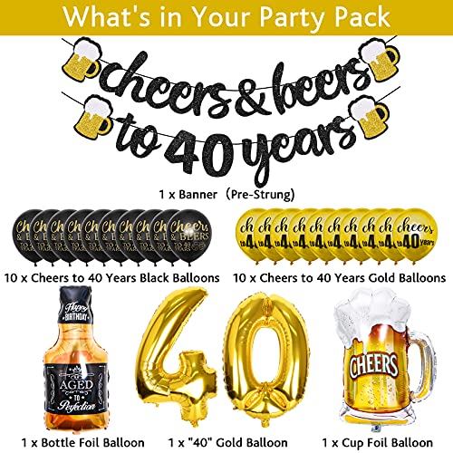 Joymee Happy 40th Birthday Decorations Black Gold Cheers and beers to 40 Years Banner 40th Gold Foil Birthday Balloon Cheers Cup Foil Balloon Party Supplies Kit for Men Women - Image 5
