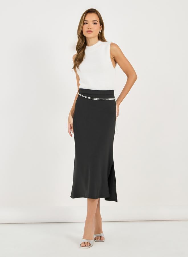 Styli Solid A-Line Midi Skirt with Faux Pearl Belt  - Image 1