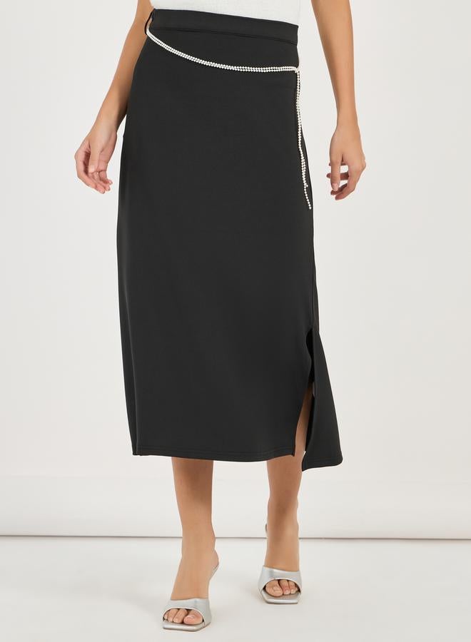 Styli Solid A-Line Midi Skirt with Faux Pearl Belt  - Image 2