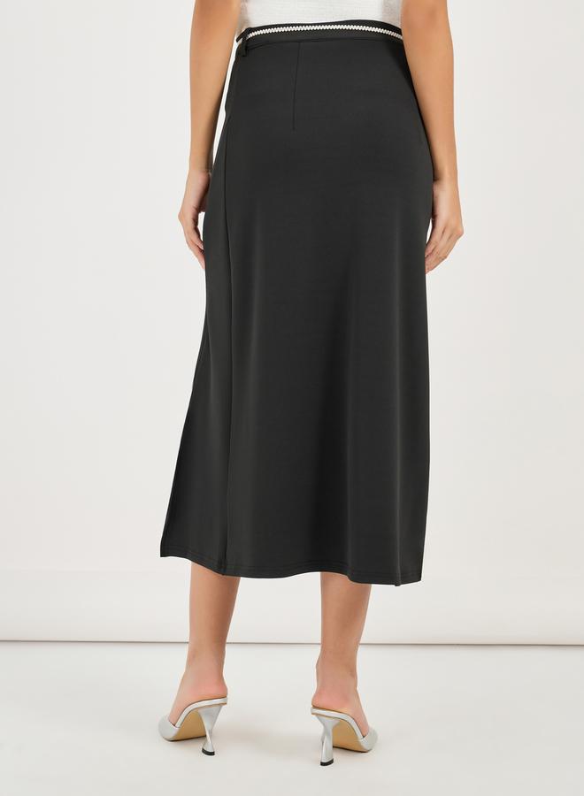 Styli Solid A-Line Midi Skirt with Faux Pearl Belt  - Image 4