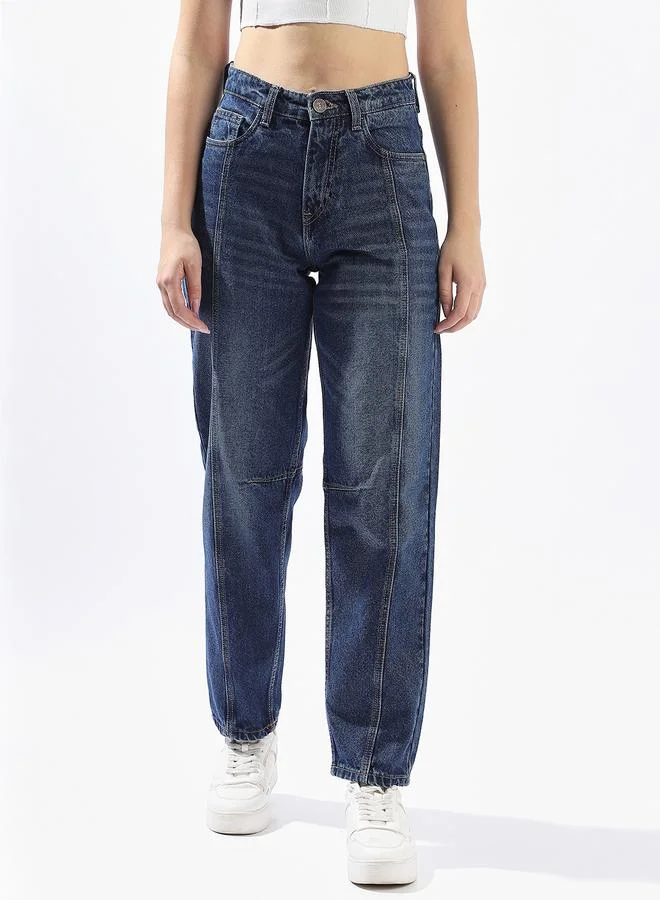 HIGH STAR Women Barrel Fit High-Rise Light Fade Cotton Jeans
