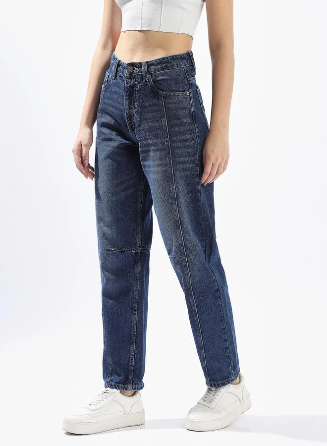 HIGH STAR Women Barrel Fit High-Rise Light Fade Cotton Jeans