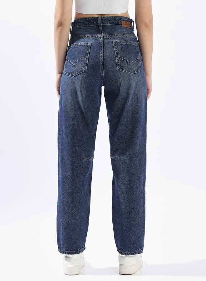 HIGH STAR Women Barrel Fit High-Rise Light Fade Cotton Jeans