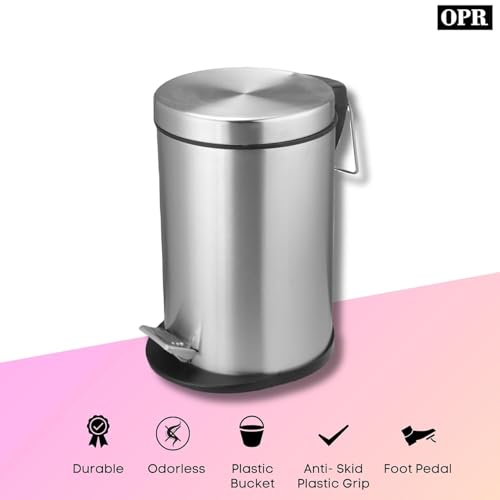 OPR Stainless Steel Pedal Dustbin with Plastic Bucket And Lid| Garbage Bin, Round Shape Dustbin For Home, Office, Kitchen, Bathroom And Bedroom- (7X11 Inches - 5 Litres) - Image 2
