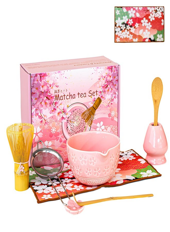 amusediy 8 Pcs Matcha Whisk Set: Pink Matcha Tea Set Includes Ceramic Bowl, Whisk and Holder, Bamboo Scoop, Scoop Rest, Sifter and Tea Towel - Matcha Making Kit for Matcha Lovers - Image 1