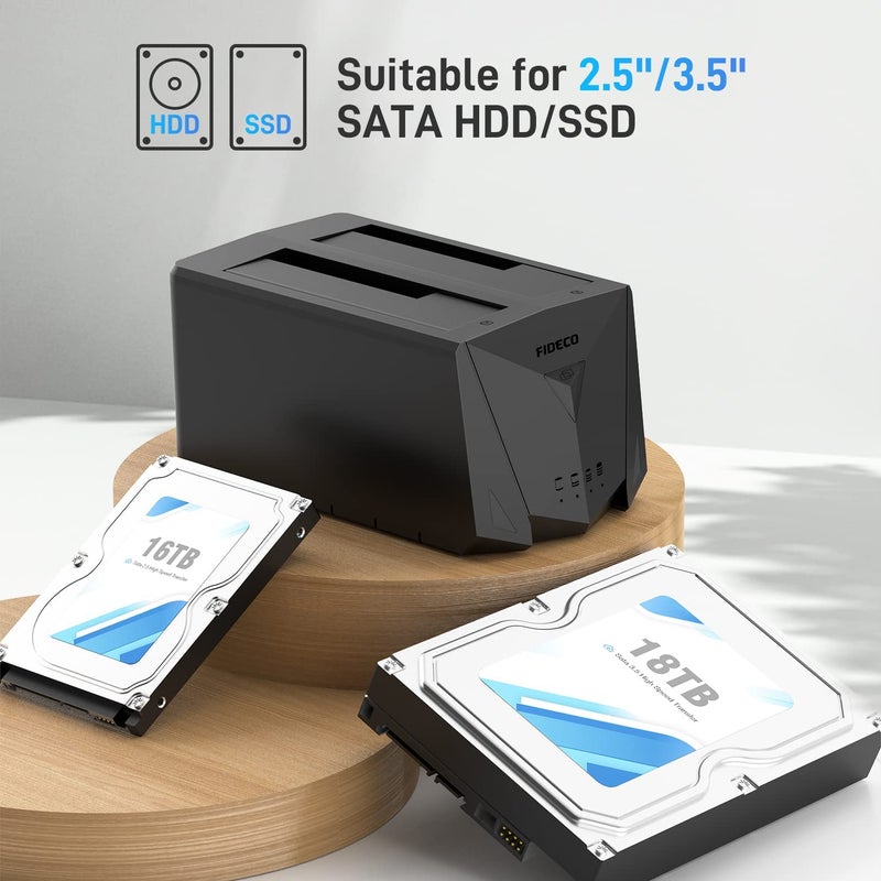 ETZIN FIDECO Hard Drive Docking Station for 2.5 and 3.5 Inch SATA I/II/III HDD or SSD - Dual Bay with USB 3.0, USB A to C and C to C Cables - Supports Offline Clone - Image 5