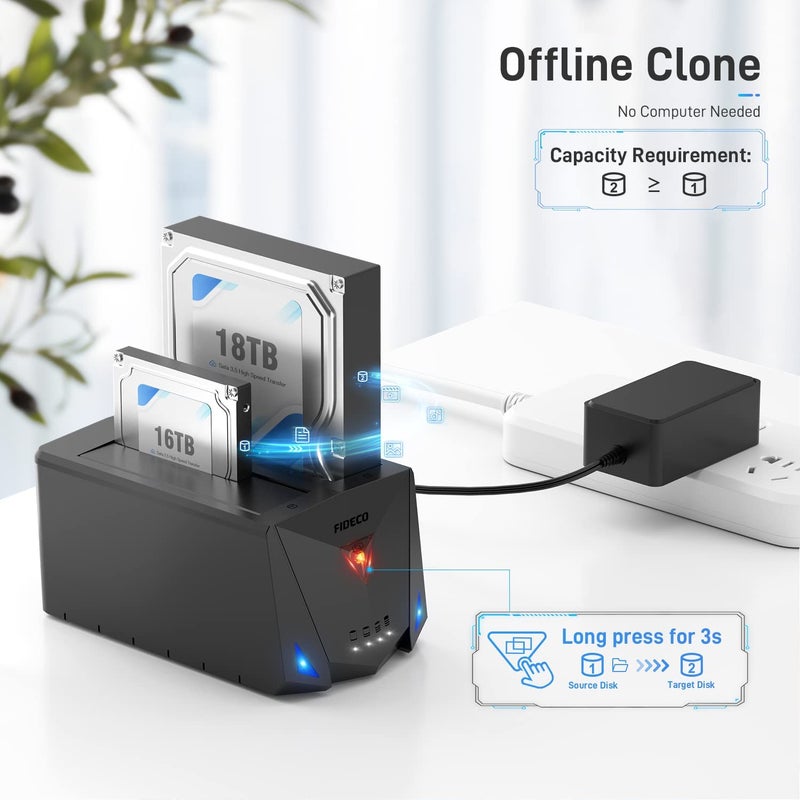 ETZIN FIDECO Hard Drive Docking Station for 2.5 and 3.5 Inch SATA I/II/III HDD or SSD - Dual Bay with USB 3.0, USB A to C and C to C Cables - Supports Offline Clone - Image 3