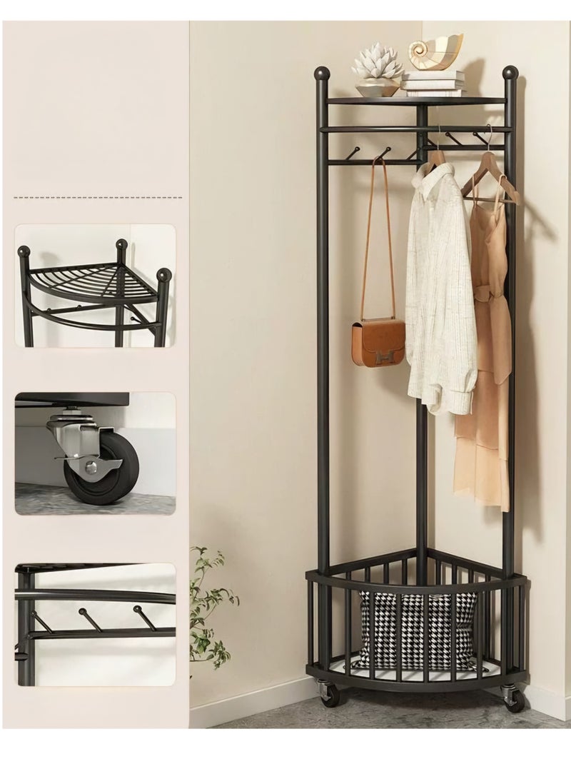 SHEE ONE Multi-Functional Corner Clothes Rack in Black Metal with Bottom Storage Shelves & Caster Wheels | Space-Saving Rack for Entryways and Bedrooms | Modern and Durable Hanger for Coats, Bags & Accessories | Dimensions: 165×56×40 cm  - Image 2